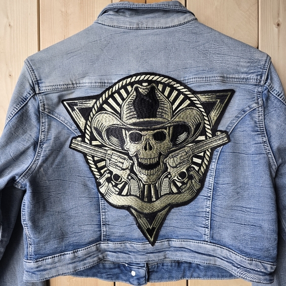 Silver Jeans Light Blue Denim Jacket Skull Patches Gothic Womens XL - Picture 5 of 10